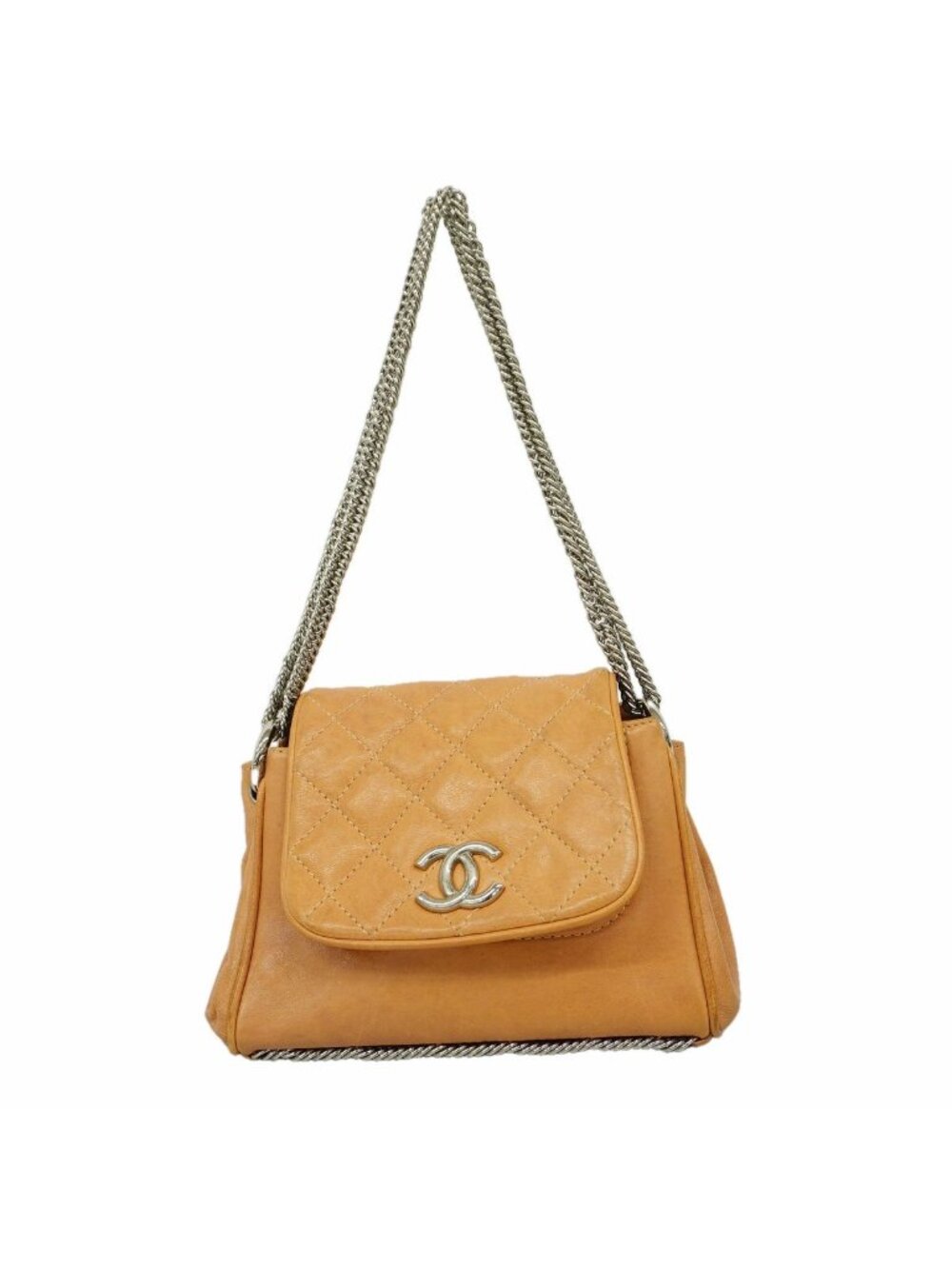 Chanel Shoulder Bag Quilted Lambskin Pink Beige Silver